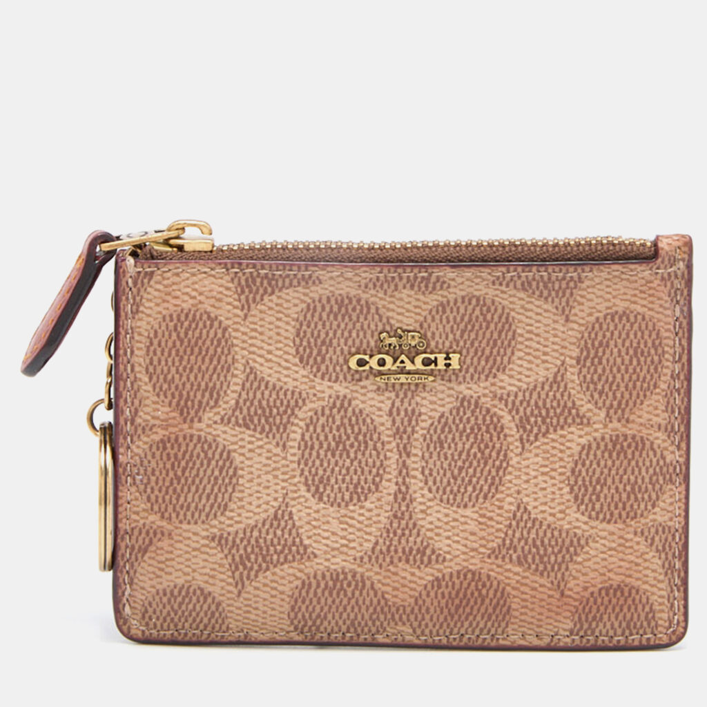luxury-women-coach-used-handbags-p797798-005 Coach Beige/Brown Signature Coated Canvas and Leather Zip Skinny ID Case
