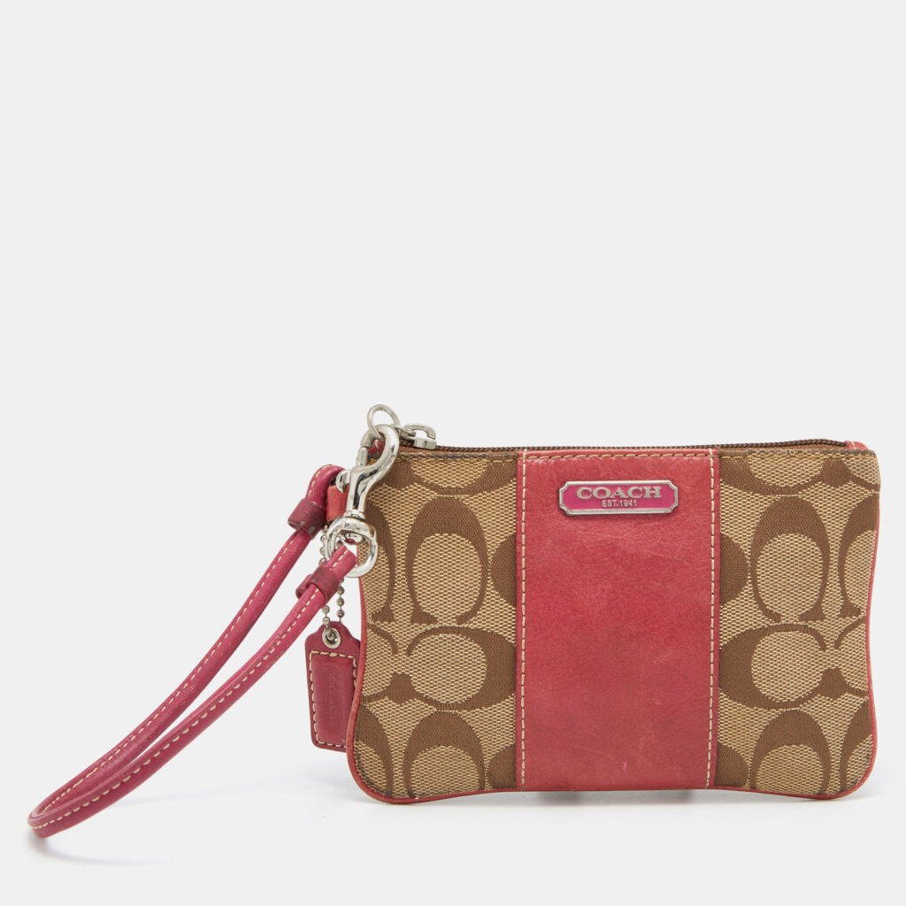luxury-women-coach-used-handbags-p803358-011 Coach Beige/Pink Signature Canvas and Leather Wristlet Pouch