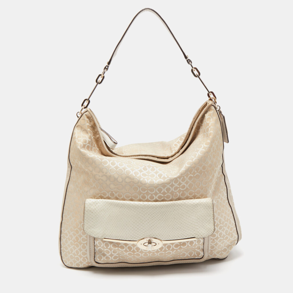 luxury-women-coach-used-handbags-p806271-001 Coach Cream Op Art Fabric and Leather Madison Hobo