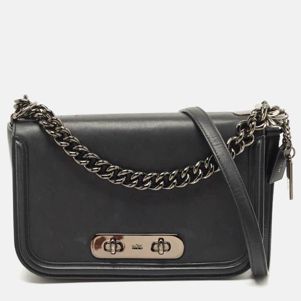 luxury-women-coach-used-handbags-p856665-001 Coach Black Leather Swagger Flap Crossbody Bag