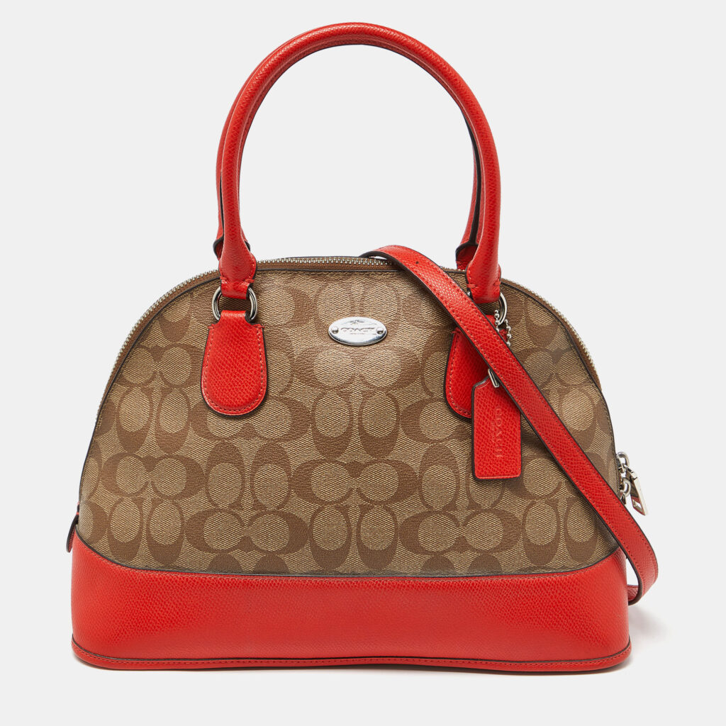 luxury-women-coach-used-handbags-p932907-012 Coach Brown/Orange Signature Coated Canvas and Leather Cora Dome Satchel