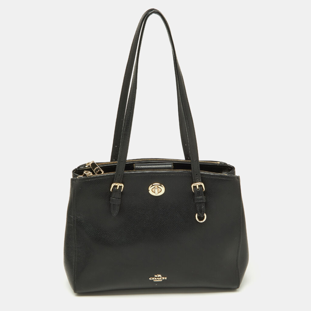 luxury-women-coach-used-handbags-p932952-011 Coach Black Leather Turnlock Carryall 29 Satchel