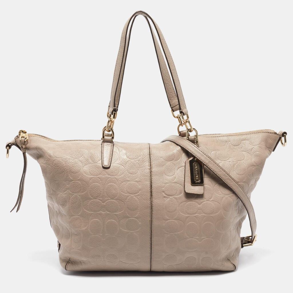 luxury-women-coach-used-handbags-p955268-004 Coach Beige Signature Embossed Leather Bleecker Zip Tote