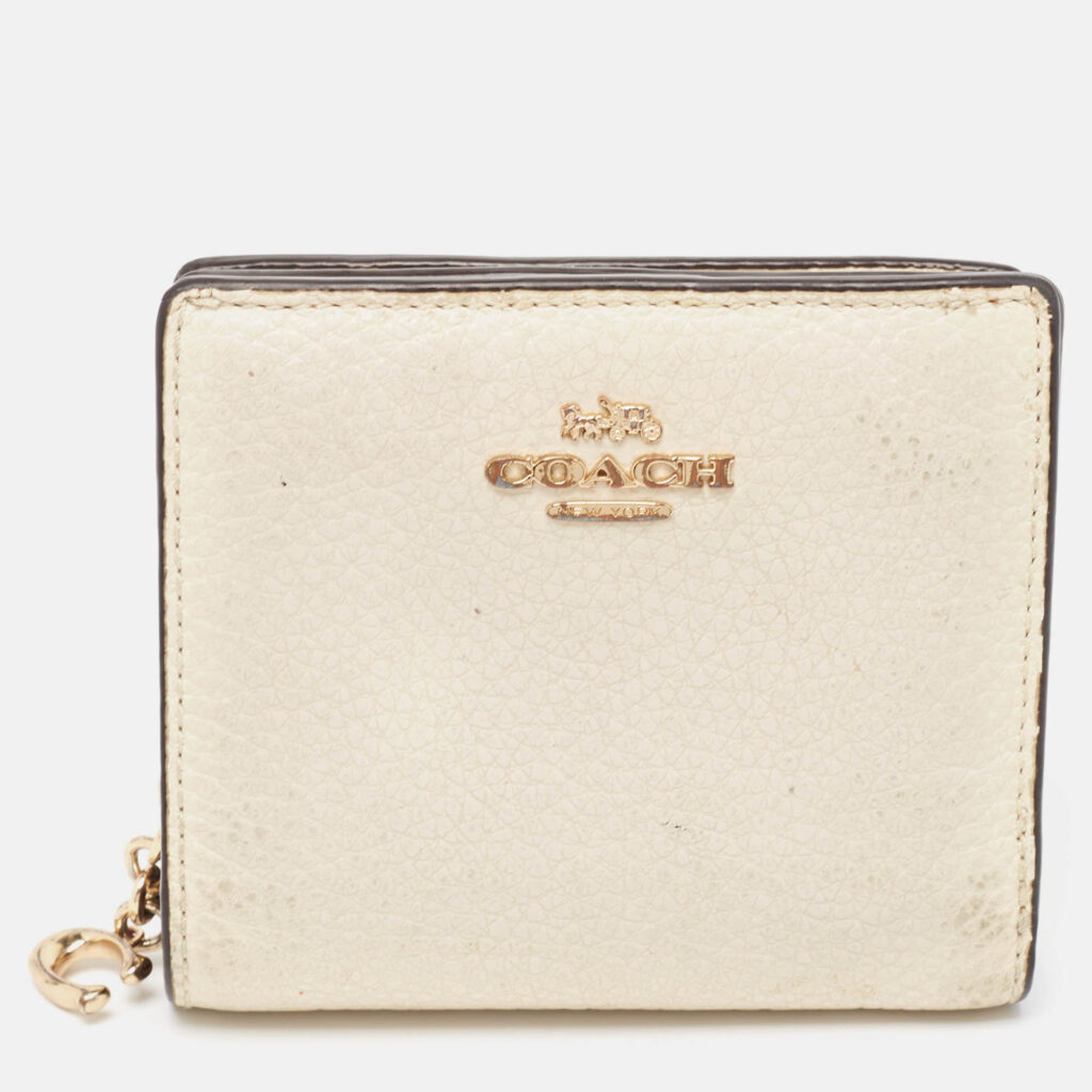 luxury-women-coach-used-handbags-p962559-013 Coach Off White/Brown Leather Snap Compact Wallet