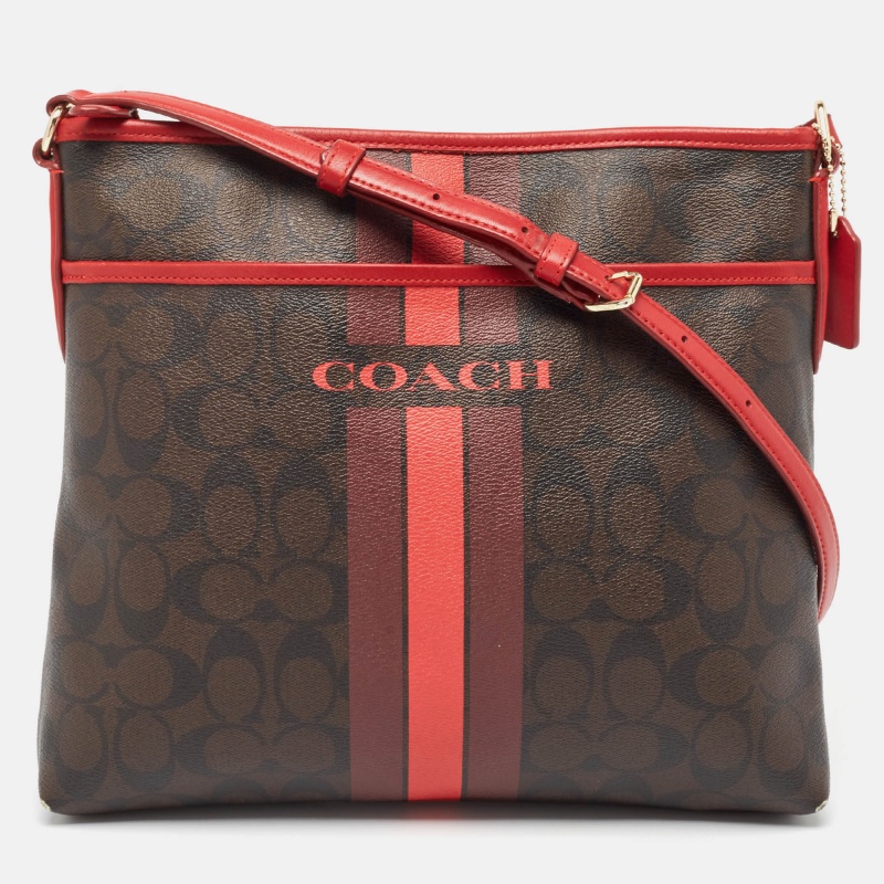 luxury-women-coach-used-handbags-p984778-1716525552-009 Coach Dark Brown/Red Signature Coated Canvas Varsity Striped File Crossbody Bag