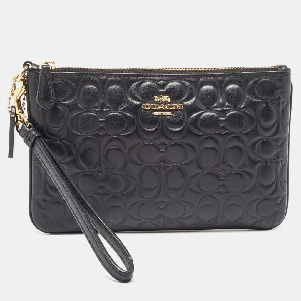 luxury-women-coach-used-handbags-p998973-014 Coach Black Signature Embossed Leather Wristlet Pouch