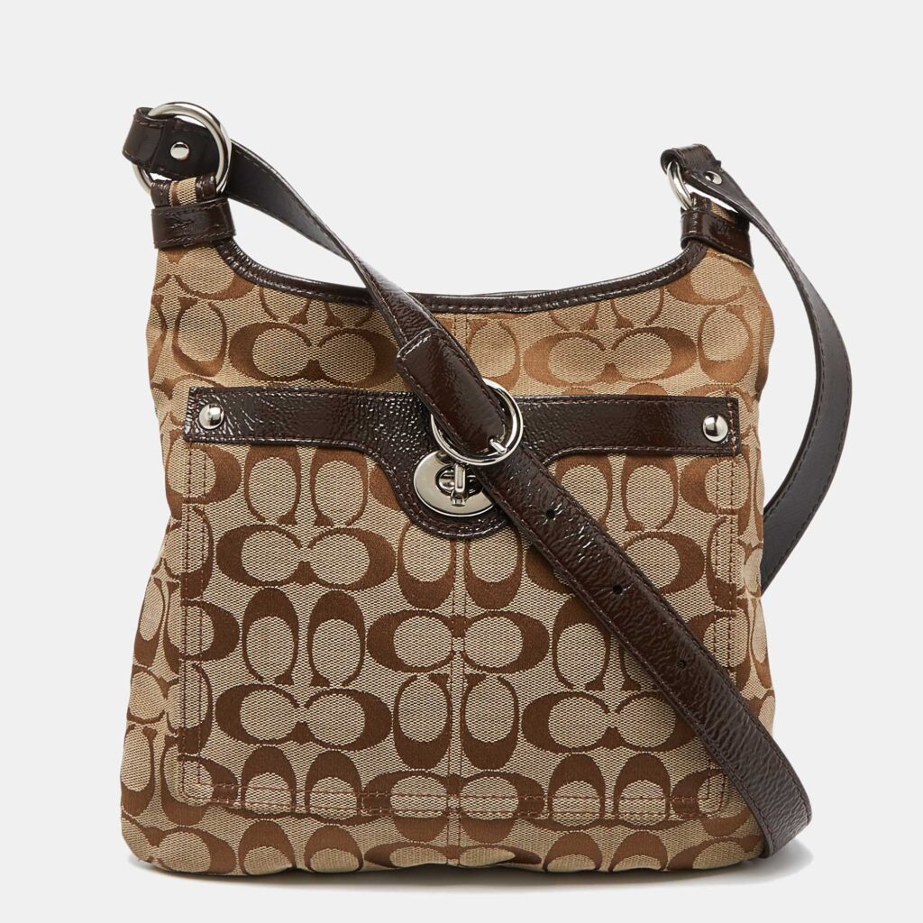luxury-women-coach-used-handbags-p999973-006 Coach Brown/Beige Signature Canvas and Patent Leather Crossbody Bag
