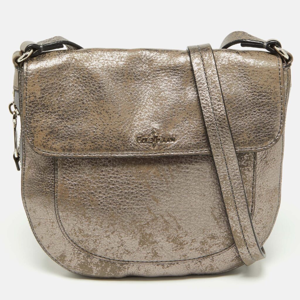 luxury-women-cole-haan-used-handbags-p843808-007 Cole Haan Metallic Grey Leather Flap Zip Round Crossbody Bag