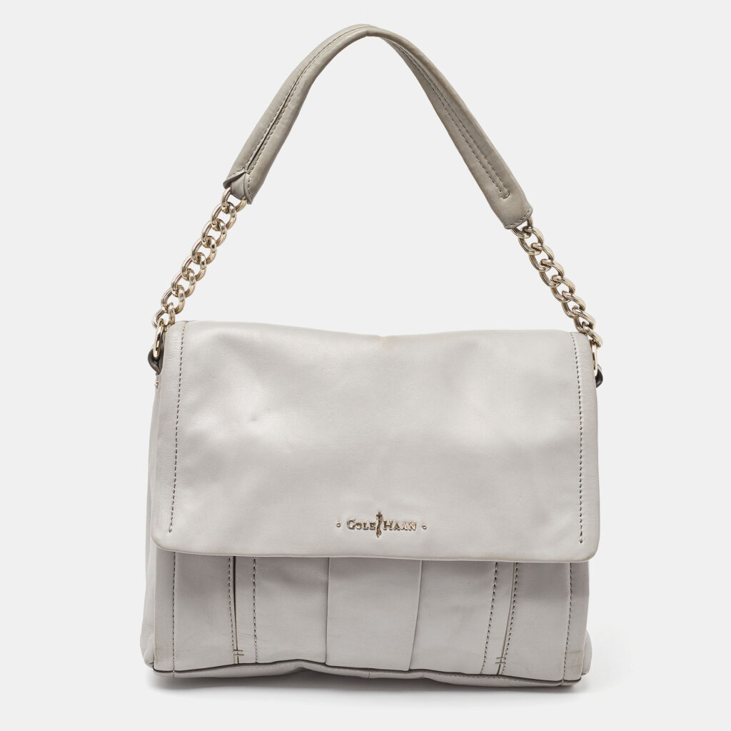 luxury-women-cole-haan-used-handbags-p893306-017 Cole Haan Grey Pleated Leather Flap Chain Bag