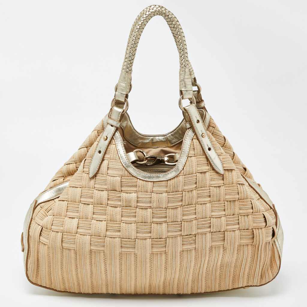 luxury-women-cole-haan-used-handbags-p946789-006 Cole Haan Beige/Gold Woven Canvas and Leather Satchel