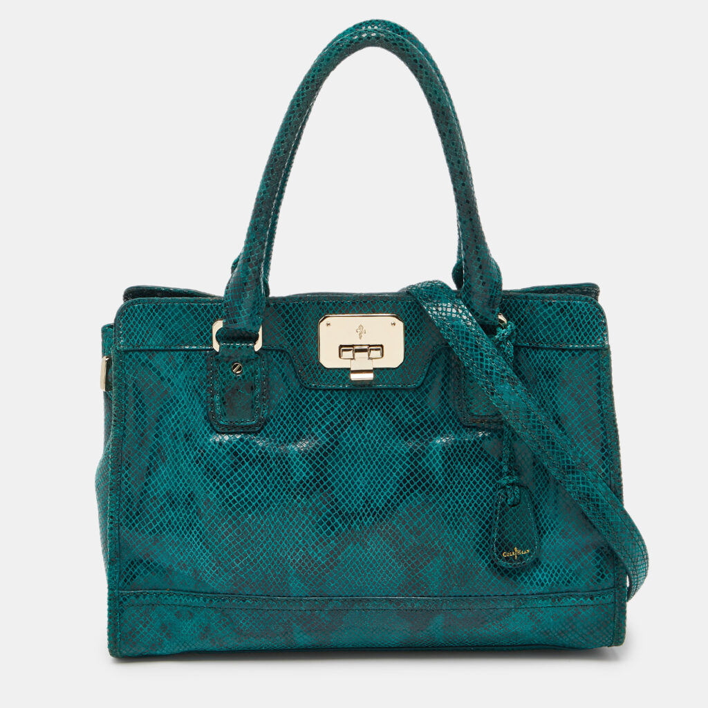 luxury-women-cole-haan-used-handbags-p994223-004 Cole Haan Green Snakeskin Embossed Leather Tote