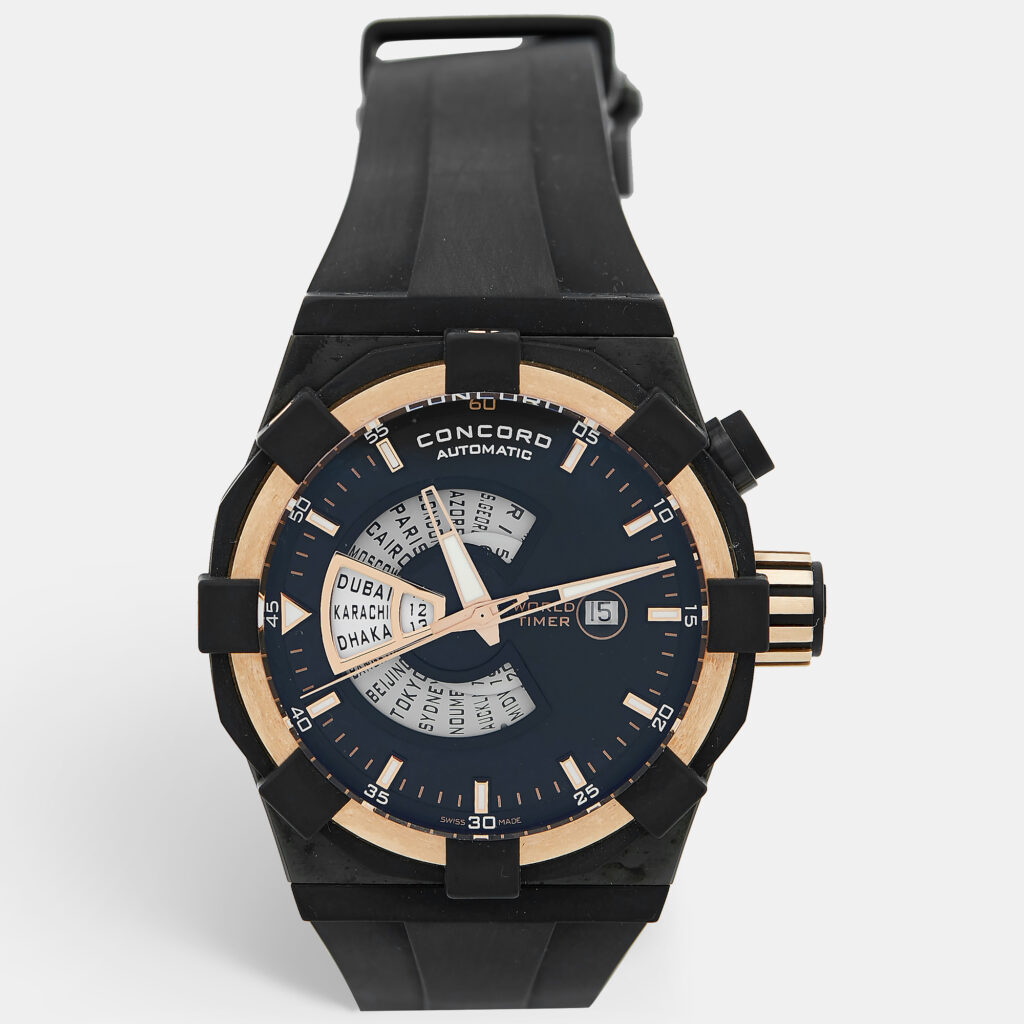 luxury-women-concord-used-watches-p1124976-007 Concord Black 18k Rose Gold PVD Coated Stainless Steel Rubber C1 World Timer 01.6.78.1016 Men's Wristwatch 48 mm