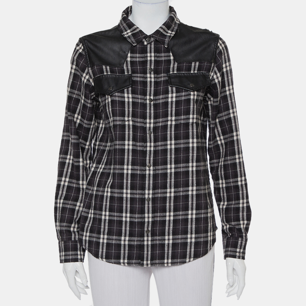 luxury-women-current-elliot-used-clothes-p421579-015 Current/Elliott Monochrome Checkered Cotton Faux Leather Detail Button Front Shirt S