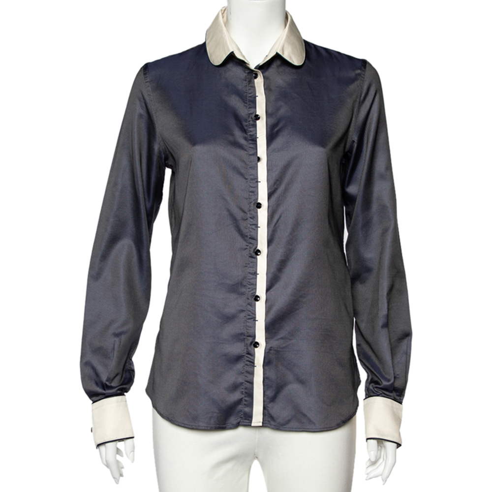luxury-women-dandg-used-clothes-p521682-003-2 D&G Navy Blue Textured Silk Blend Contrast Trim Shirt M