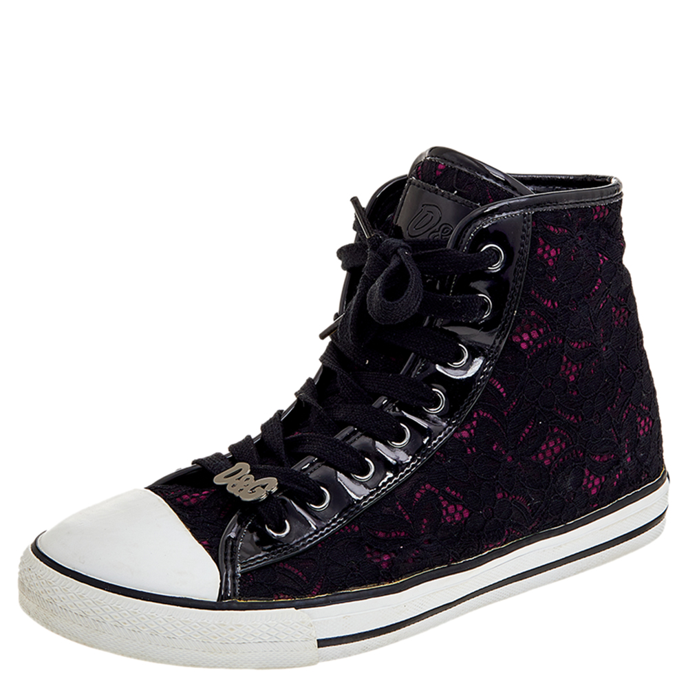 luxury-women-dandg-used-shoes-p569818-005 D&G Black Lace And Patent Leather High Top Sneakers Size 38