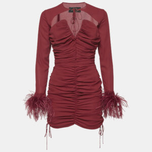 De La Vali Red Feather Trim Chiffon Ruched Mame Mini Dress M