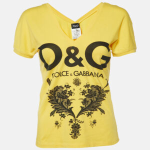 D&G Yellow Printed Cotton V-Neck T-Shirt L