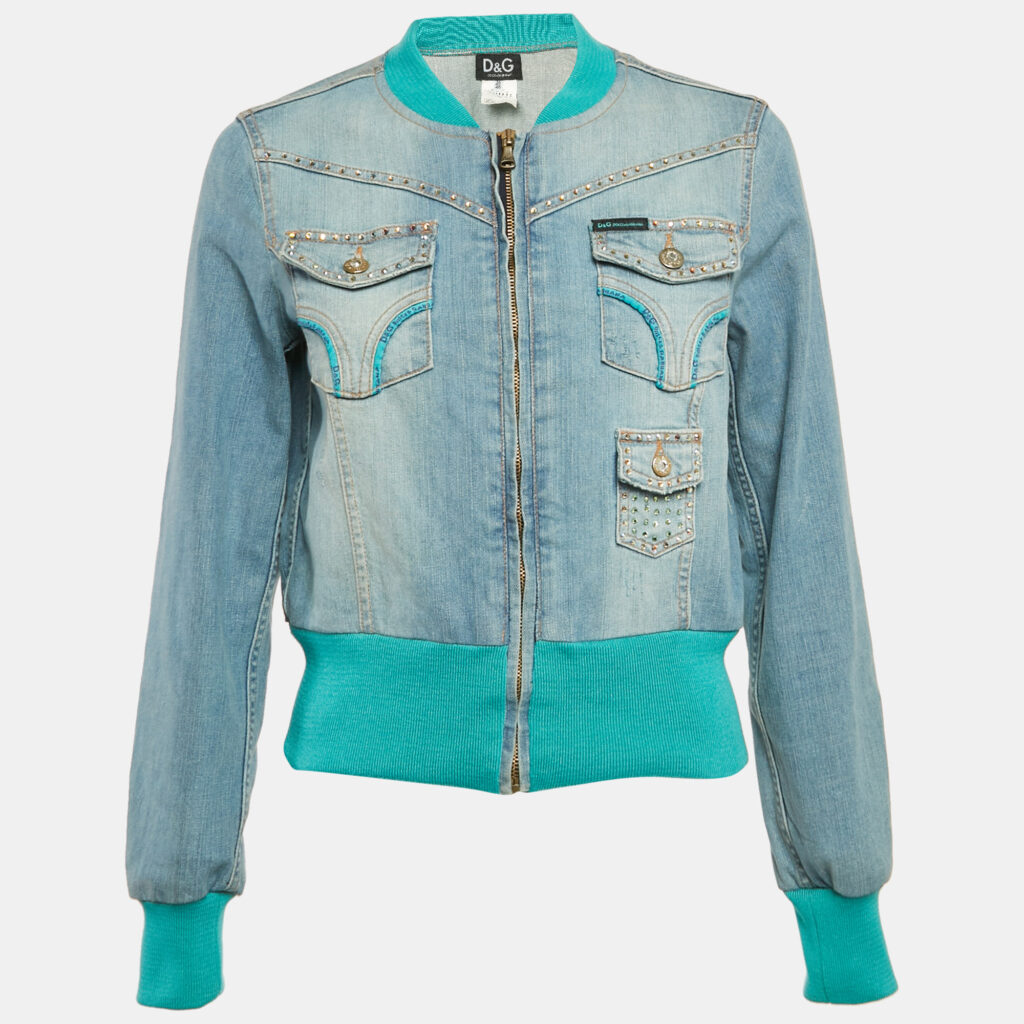luxury-women-dg-used-clothes-p1164883-002 D&G Blue Crystal Embellished Denim Ribbed Trim Jacket S