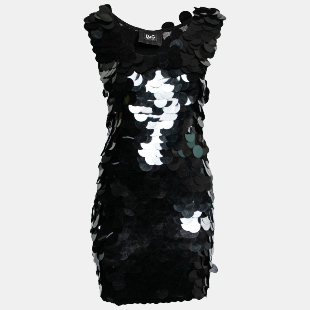 luxury-women-dg-used-clothes-p645818-001-1 D&G Black Oversized Sequin Embellished Wool Sleeveless Short Dress S