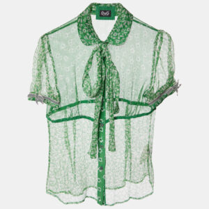 D&G Green Floral Printed Silk Neck Tie Detail Top M