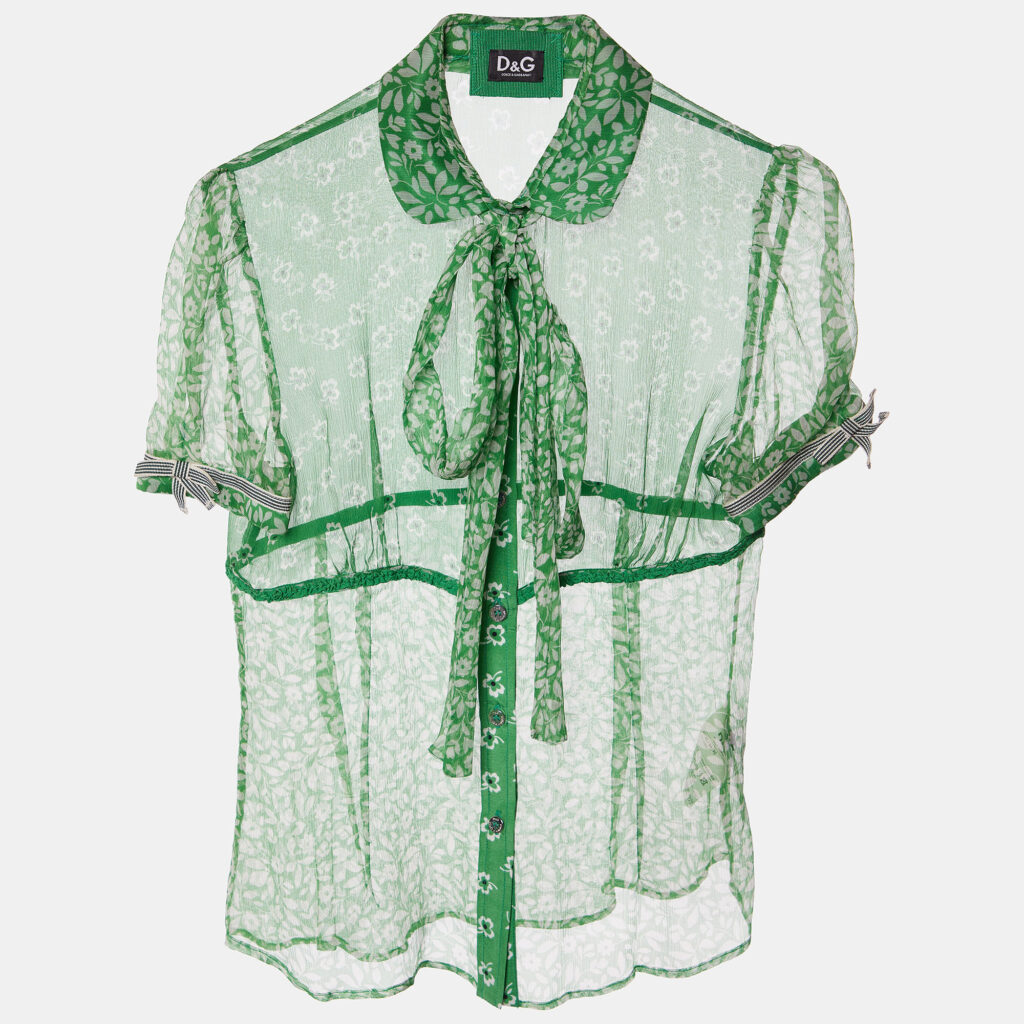 D&G Green Floral Printed Silk Neck Tie Detail Top M