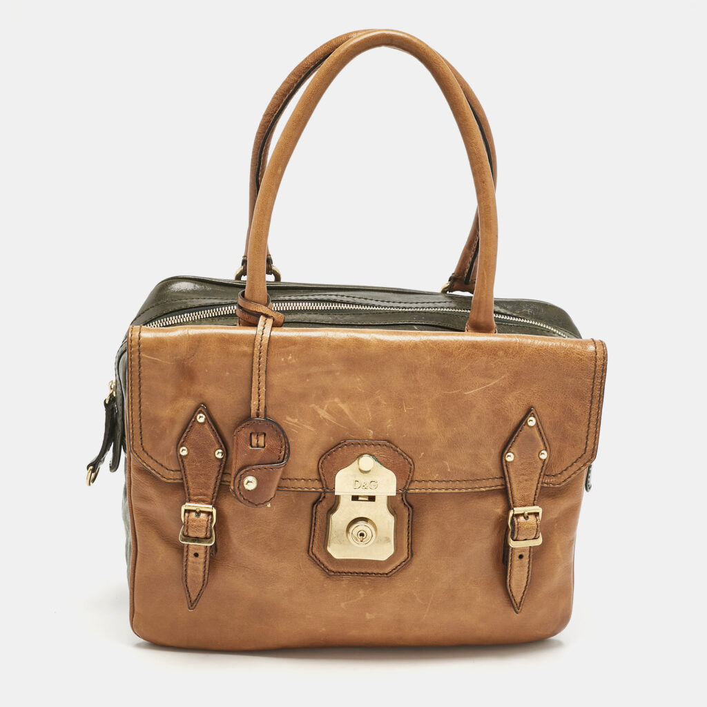luxury-women-dg-used-handbags-p1150224-017 D&G Brown/Olive Green Leather Allyson Satchel