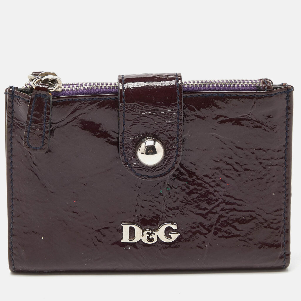luxury-women-dg-used-handbags-p850535-011 D&G Plum Patent Leather Double Zip Bifold Flap Wallet
