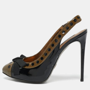 D&G Grey/Black Patent Leather Bow Slingback Pumps Size 40