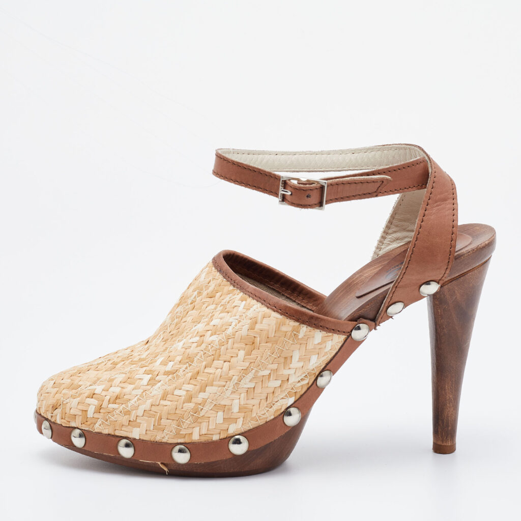 luxury-women-dg-used-shoes-p720223-009 D&G Beige/Brown Raffia and Leather Ankle Strap Clog Sandals Size 38