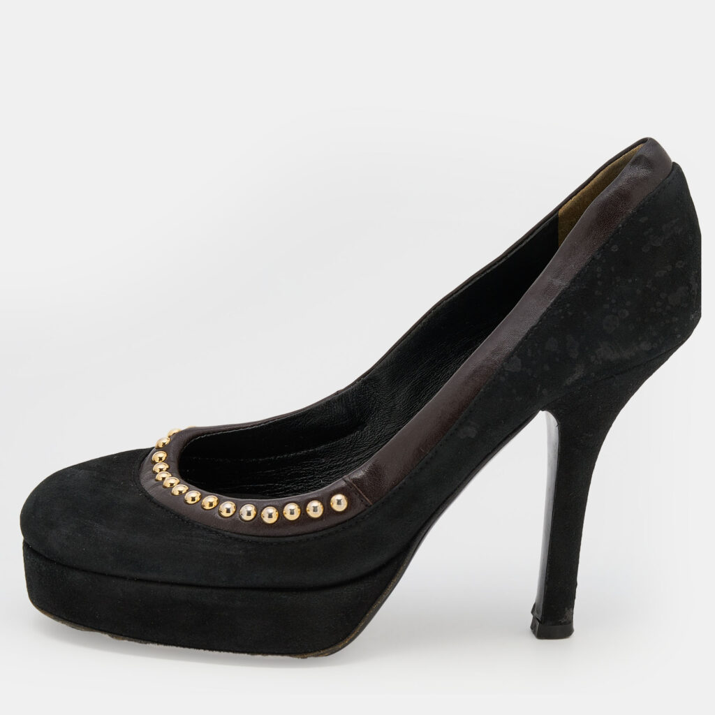 luxury-women-dg-used-shoes-p723771-002 D&G Black/Dark Brown Suede and Leather Studded Platform Pumps Size 37