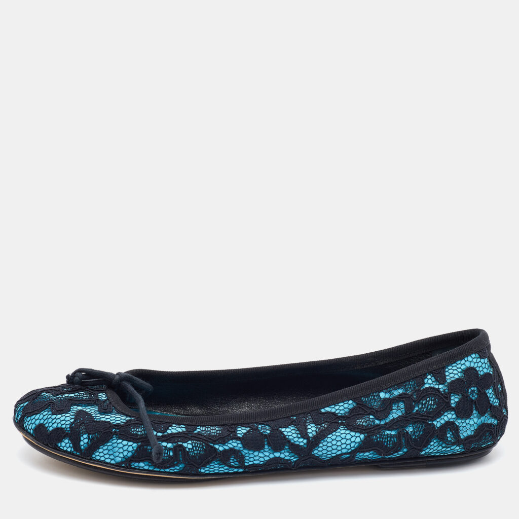 luxury-women-dg-used-shoes-p779772-008 D&G Black/Blue Lace and Satin Bow Ballet Flats Size 39