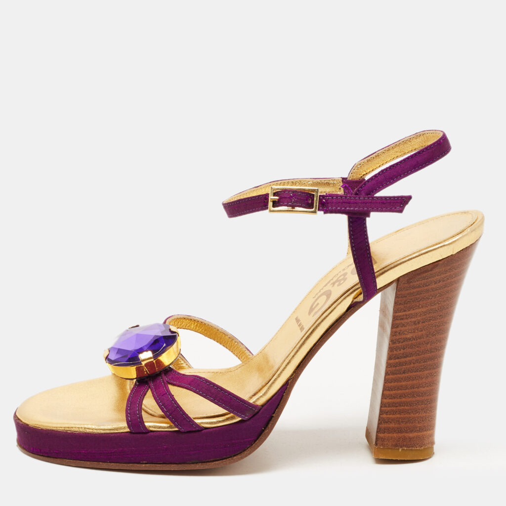 luxury-women-dg-used-shoes-p802207-001 D&G Purple /Gold Leather Crystal Embellished Ankle Strap Block Heel Sandals Size 36