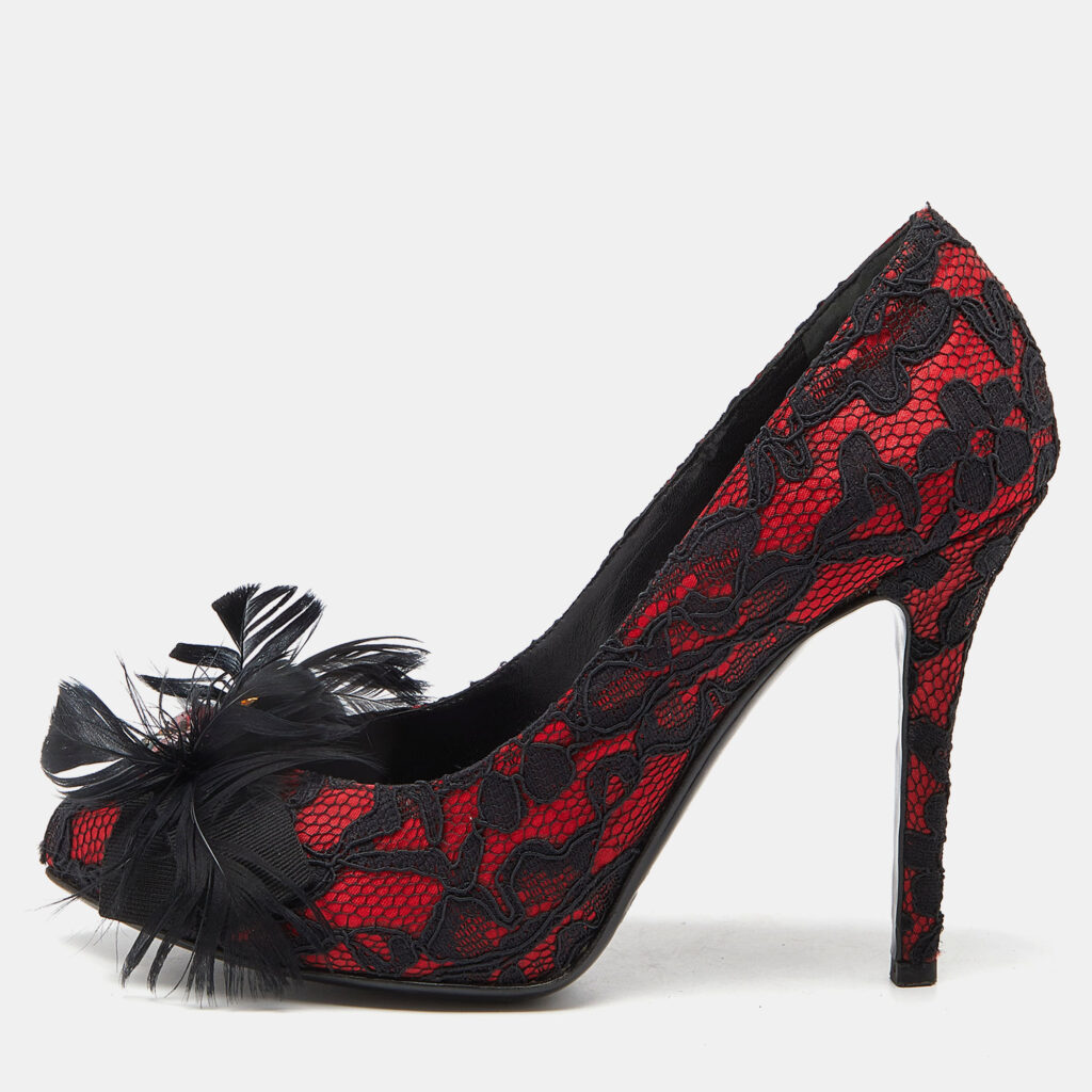 luxury-women-dg-used-shoes-p952107-010 D&G Red/Black Feather and Crystal Embellished Lace and Satin Pumps Size 37.5