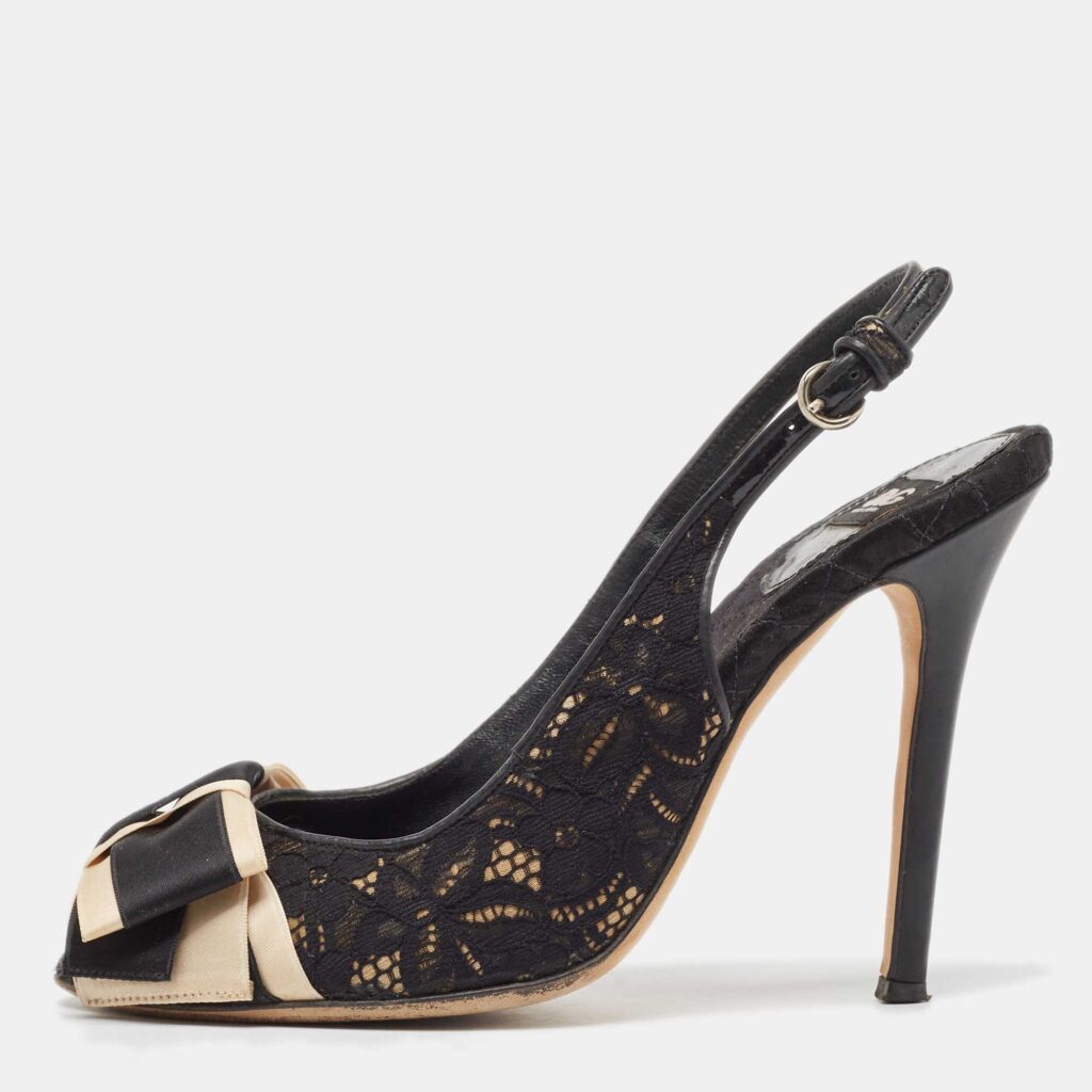 luxury-women-dg-used-shoes-p997859-003 D&G Black Black Leather and Lace Bow Peep Toe Slingback Pumps Size 39