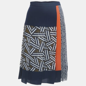 Diane Von Furstenberg Navy Blue Printed Crepe Pleated Midi Skirt XL