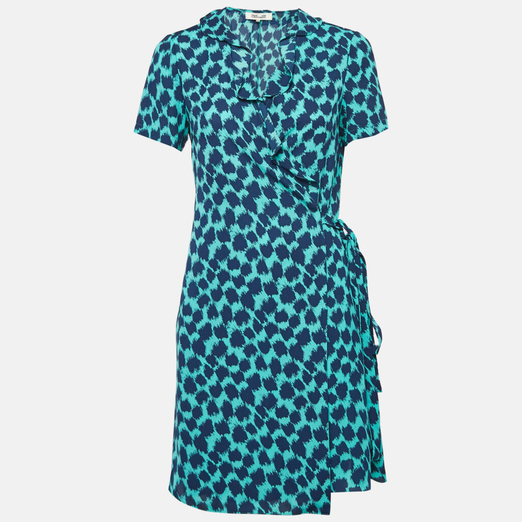 luxury-women-diane-von-furstenberg-used-clothes-p1026512-001 Diane Von Furstenberg Teal Blue Leopard Print Crepe Wrap Dress S
