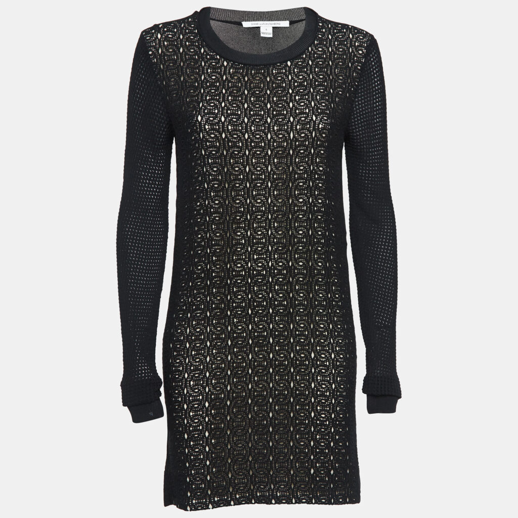 luxury-women-diane-von-furstenberg-used-clothes-p1033246-003 Diane Von Furstenberg Black Lace & Jersey Mini Dress S