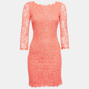 Diane Von Furstenberg Coral Pink Lace Long Sleeve Mini Dress S
