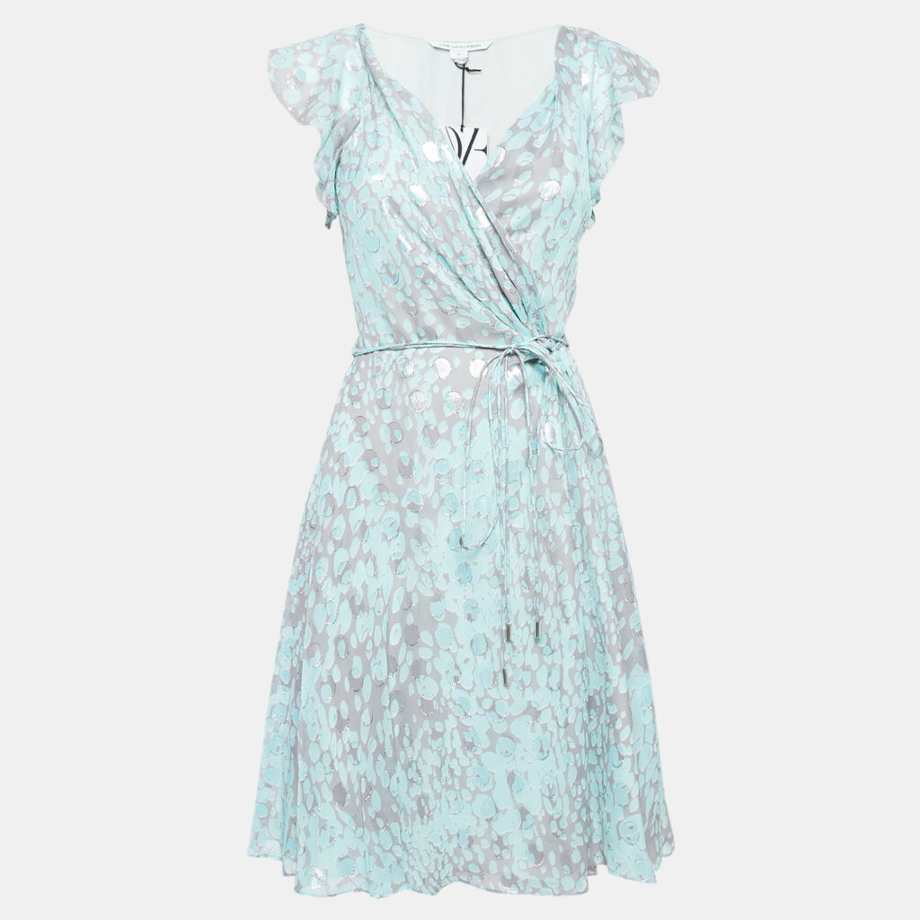 luxury-women-diane-von-furstenberg-used-clothes-p1035235-002 Diane Von Furstenberg Grey/Blue Printed Silk Delancey Wrap Dress S