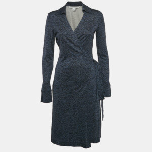 Diane Von Furstenberg Navy Blue Animal Print Silk Jersey Cybil Wrap Dress M