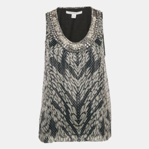 Diane Von Furstenberg Metallic Printed Silk Lurex Stud Detail Sleeveless Ade Top M