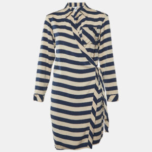 Diane Von Furstenberg Navy Blue Striped Stretch Silk Wrap Dress M