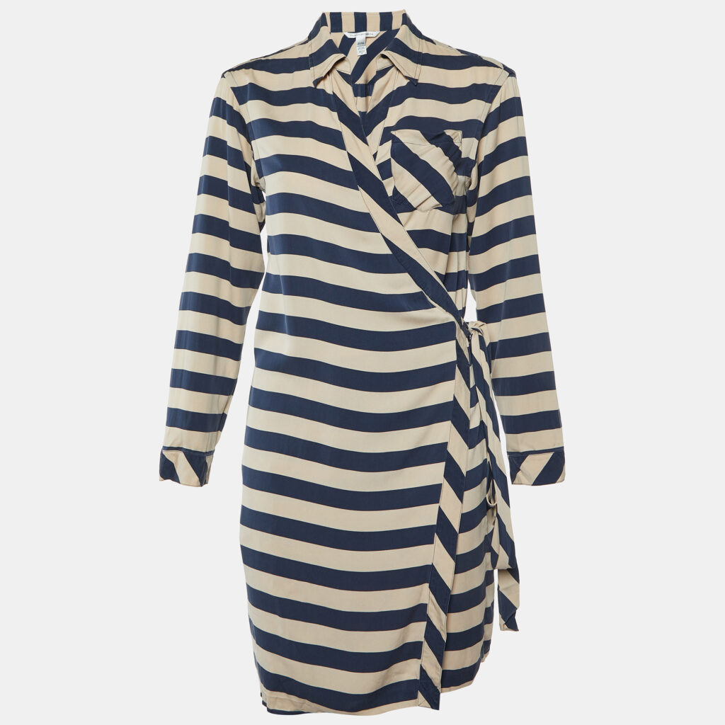 luxury-women-diane-von-furstenberg-used-clothes-p1081654-003 Diane Von Furstenberg Navy Blue Striped Stretch Silk Wrap Dress M