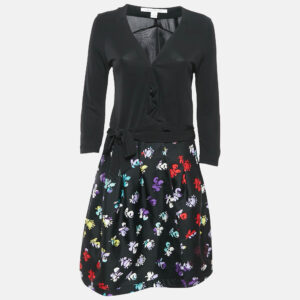 Diane Von Furstenberg Black Floral Print Wool Blend and Jersey Jewel Wrap Dress M