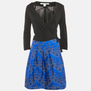 Diane Von Furstenberg Black/Blue Printed Wool Blend and Jersey Wrap Dress M