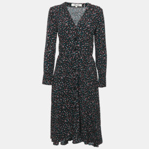 Diane Von Furstenberg Black Dot Print Crepe Button Front Midi Dress S