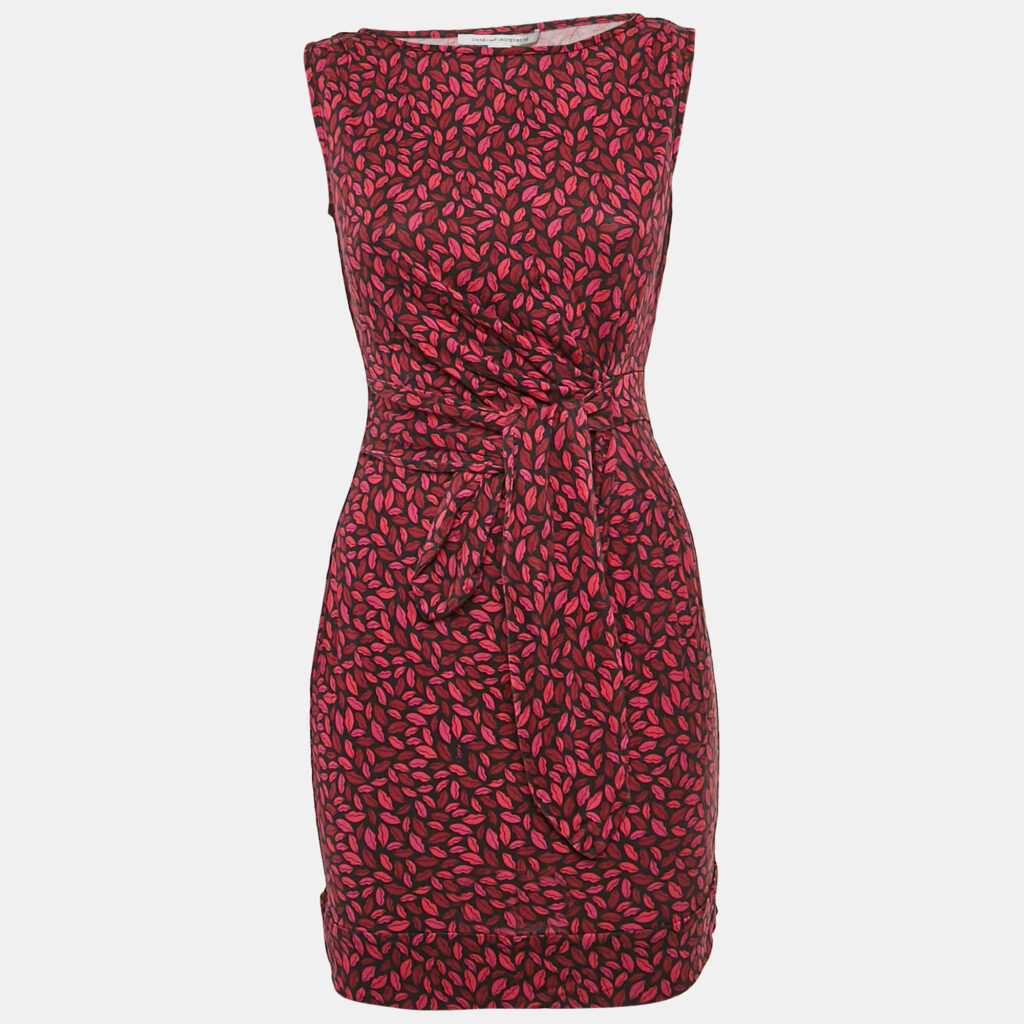 luxury-women-diane-von-furstenberg-used-clothes-p1091621-002 Diane Von Furstenberg Pink Lip Print Silk Jersey Tie-Up Waist Detail Mini Dress M