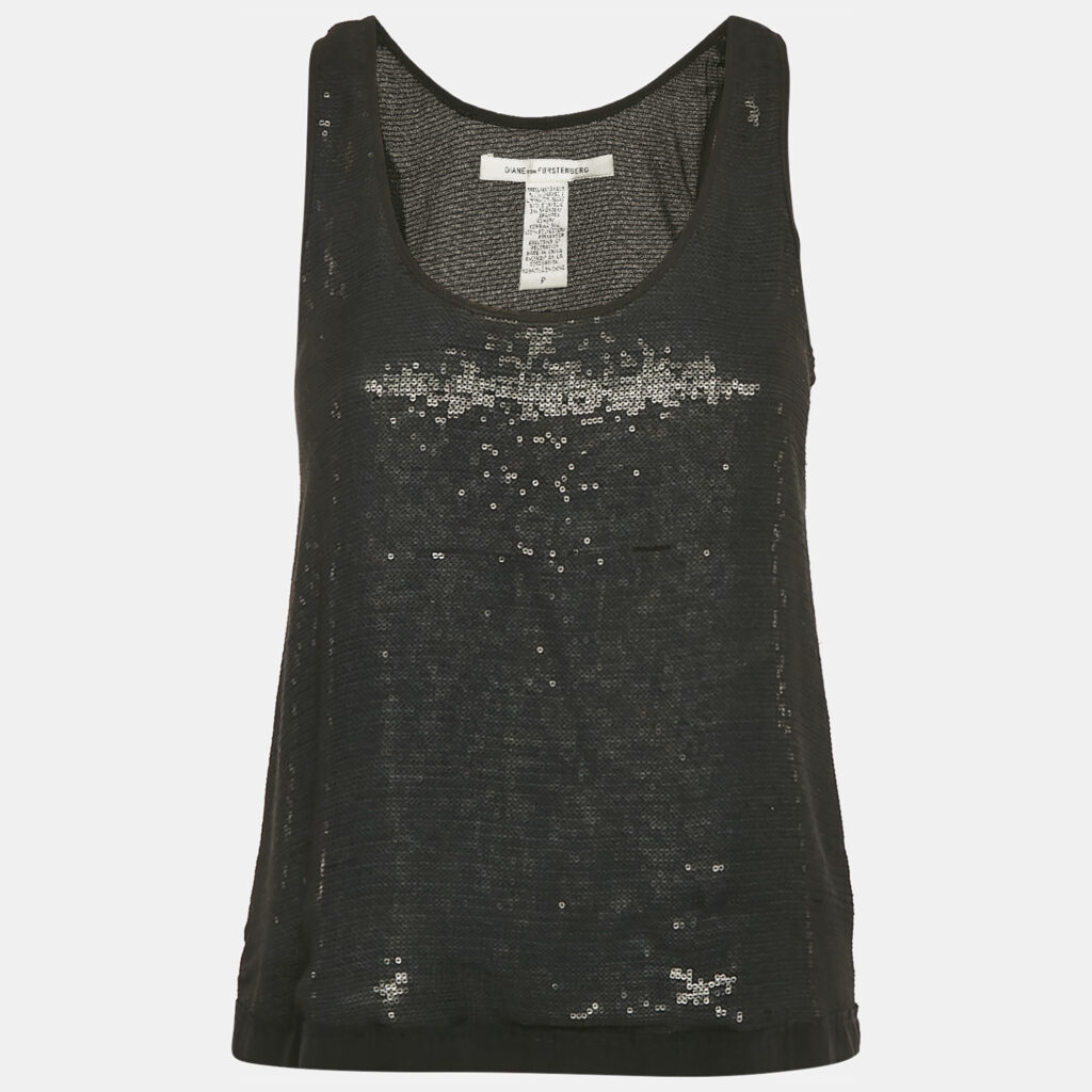 luxury-women-diane-von-furstenberg-used-clothes-p1103111-002 Diane Von Furstenberg Black Silk Sequin Silk Sorcha Tank Top M