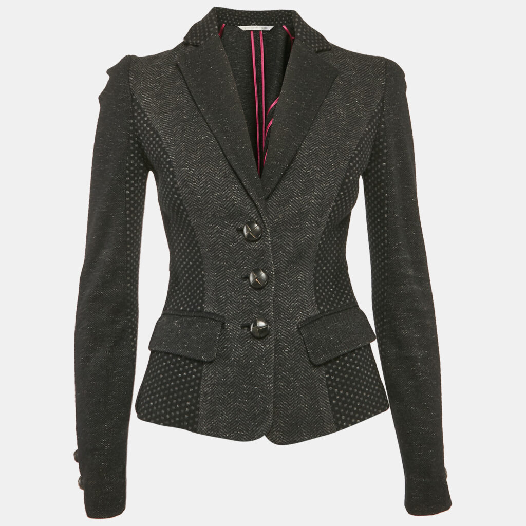 Diane Von Furstenberg Black Patterned Cotton Blend Samal Jacket S