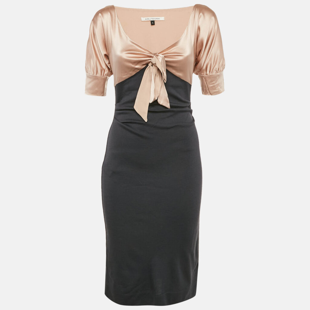 luxury-women-diane-von-furstenberg-used-clothes-p1108757-001 Diane Von Furstenberg Pink/Grey Silk and Wool Knit Bow Detail Short Kitt Dress S
